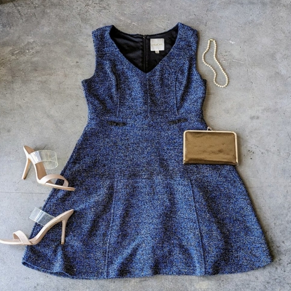 ModCloth Navy Blue Black Tweed Fit and Flare Dress large